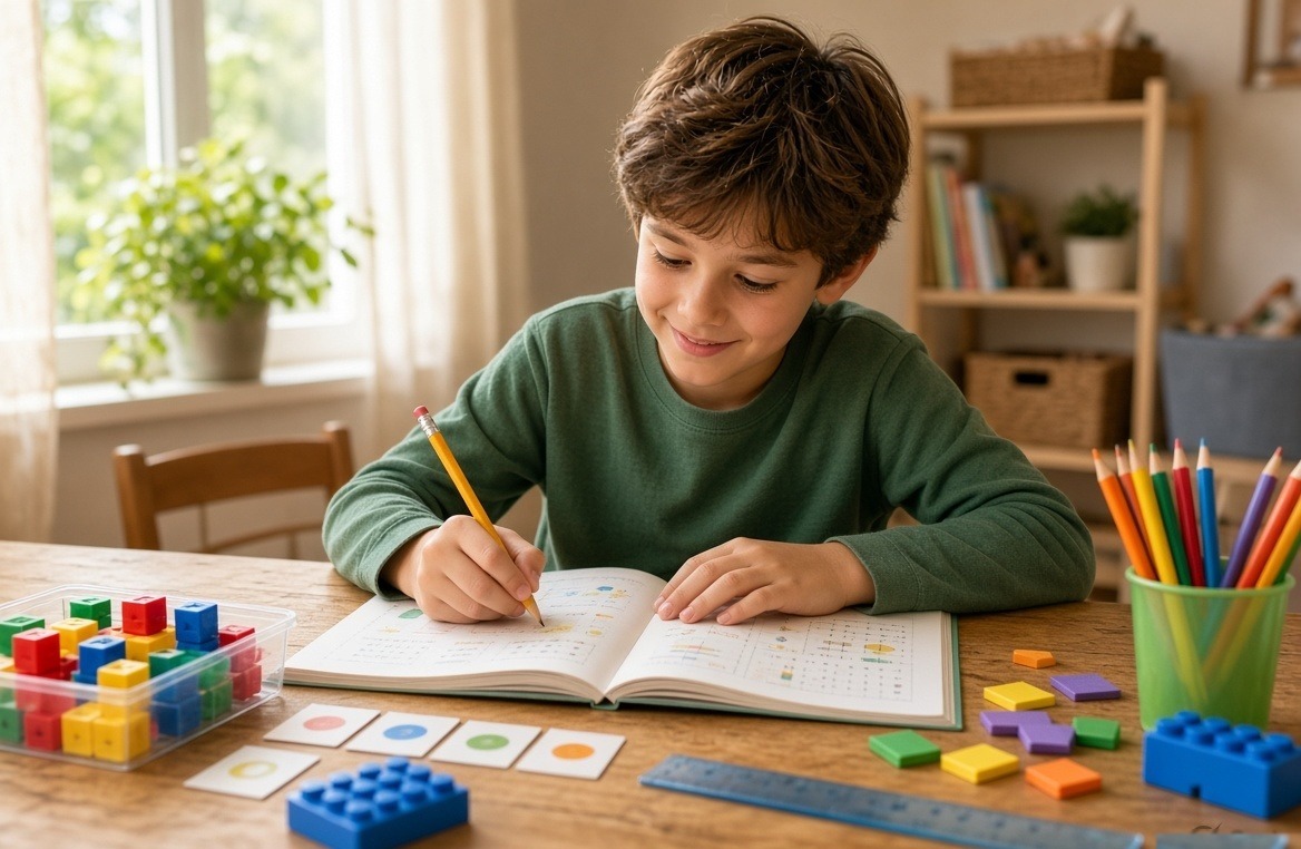 Primary-age student working calmly on English and maths at a home learning table